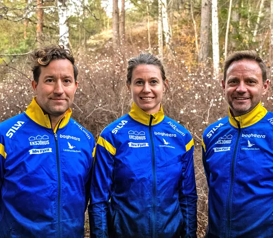 Från vänster: Landslagschef Håkan Carlsson, Lina Strand landslagstränare med huvudfokus på skog och Kalle Dalin landslagstränare med huvudfokus på sprint.