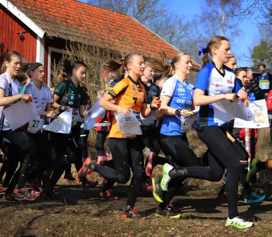 En grupp damer springer förbi ett rött hus under Måsenstafetten 2025.