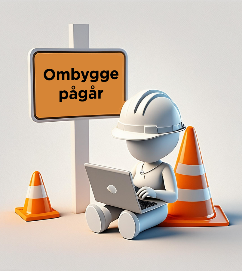 3D figur med bugghjälm som sitter vid en kon med dator i knät och en skylt bakom som det står ombygge pågår