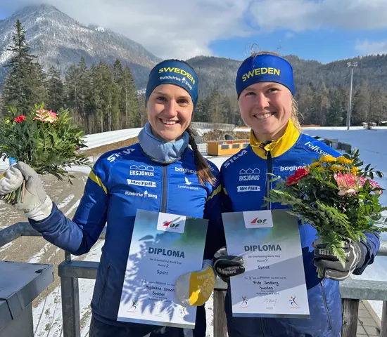 Magdalena Olsson och Frida Sandberg sken ikapp med solen efter andra och tredje plats på världscupsprinten i Ruhpolding.