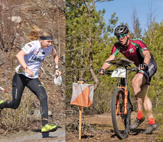 Till vänster Karolin Ohlsson leder Swedish League inför helgens tävlingar i Eskilstuna. Till höger Sebastian Svärd är med i kampen om medaljerna under MTBO-SM.