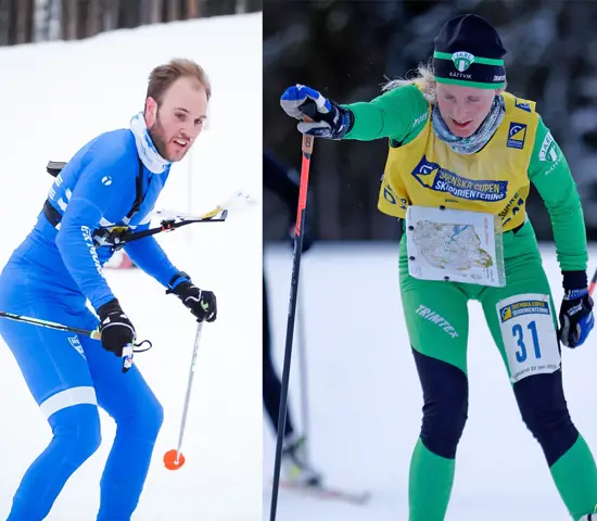 Linus Rapp till vänster och Linda Lindkvist till höger spurtar i mål på skidorientering.